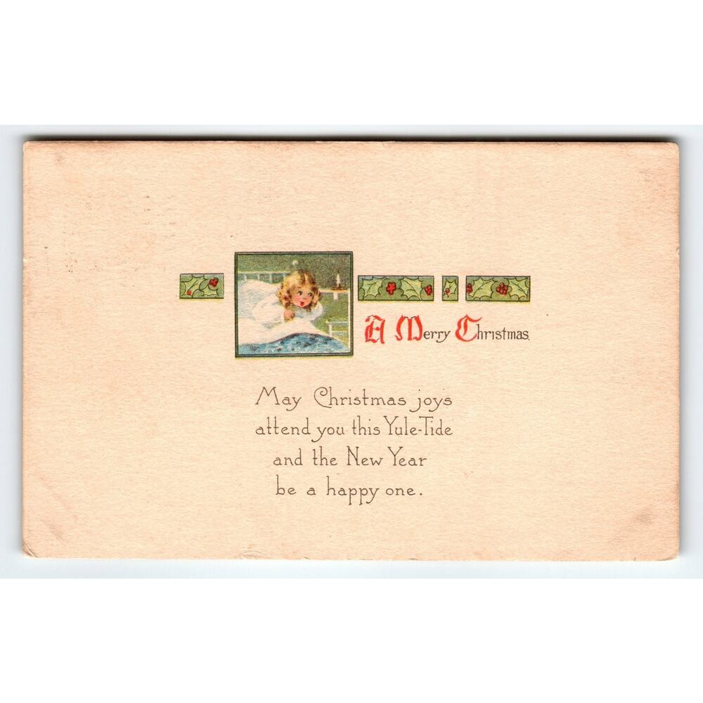 1916 Vintage Christmas Postcard Girl in Bed Holiday Greeting